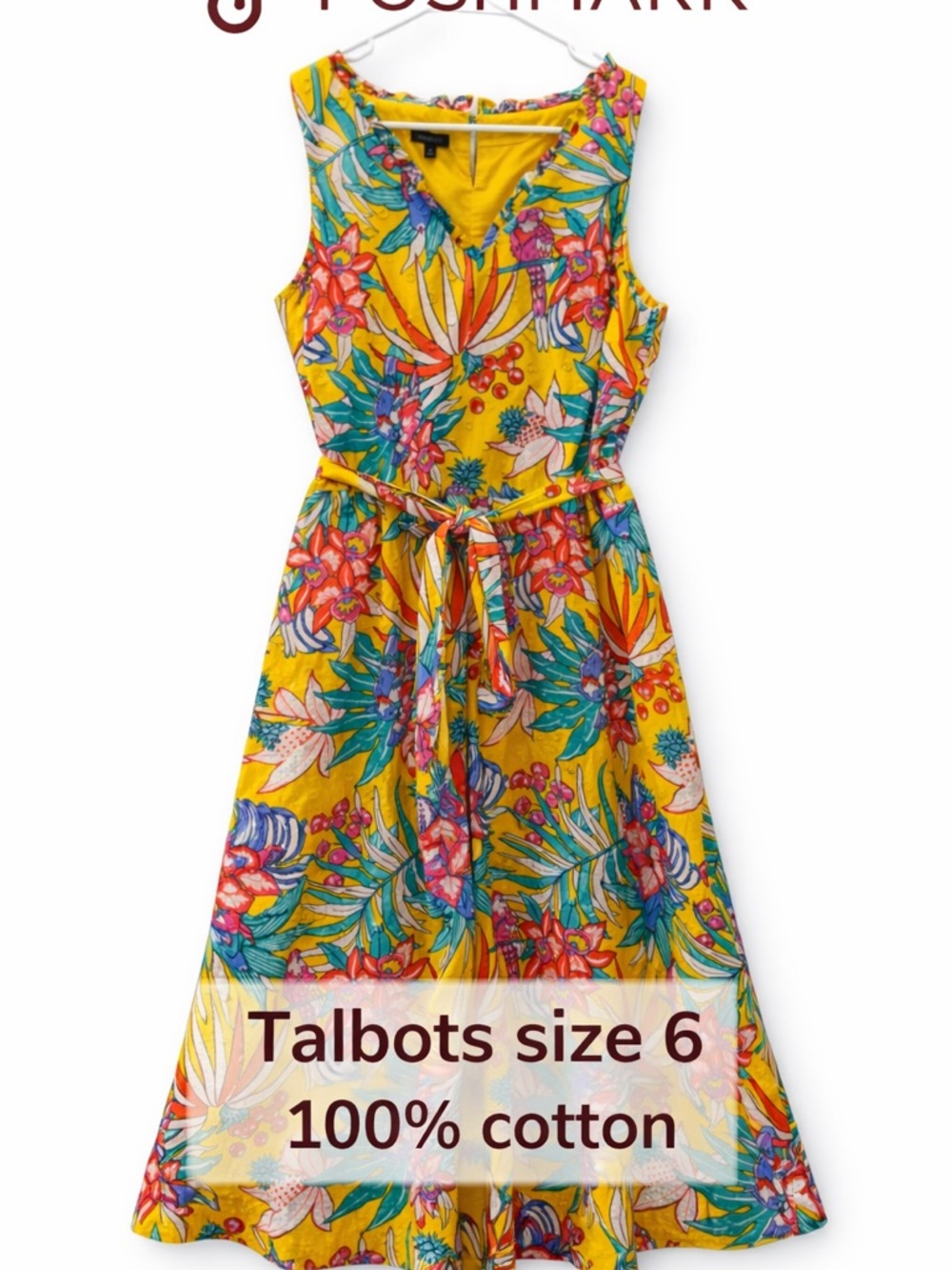 Talbots Tropical Print 100% Cotton Dress Size 6 Yellow Floral Parrot Midi Belted